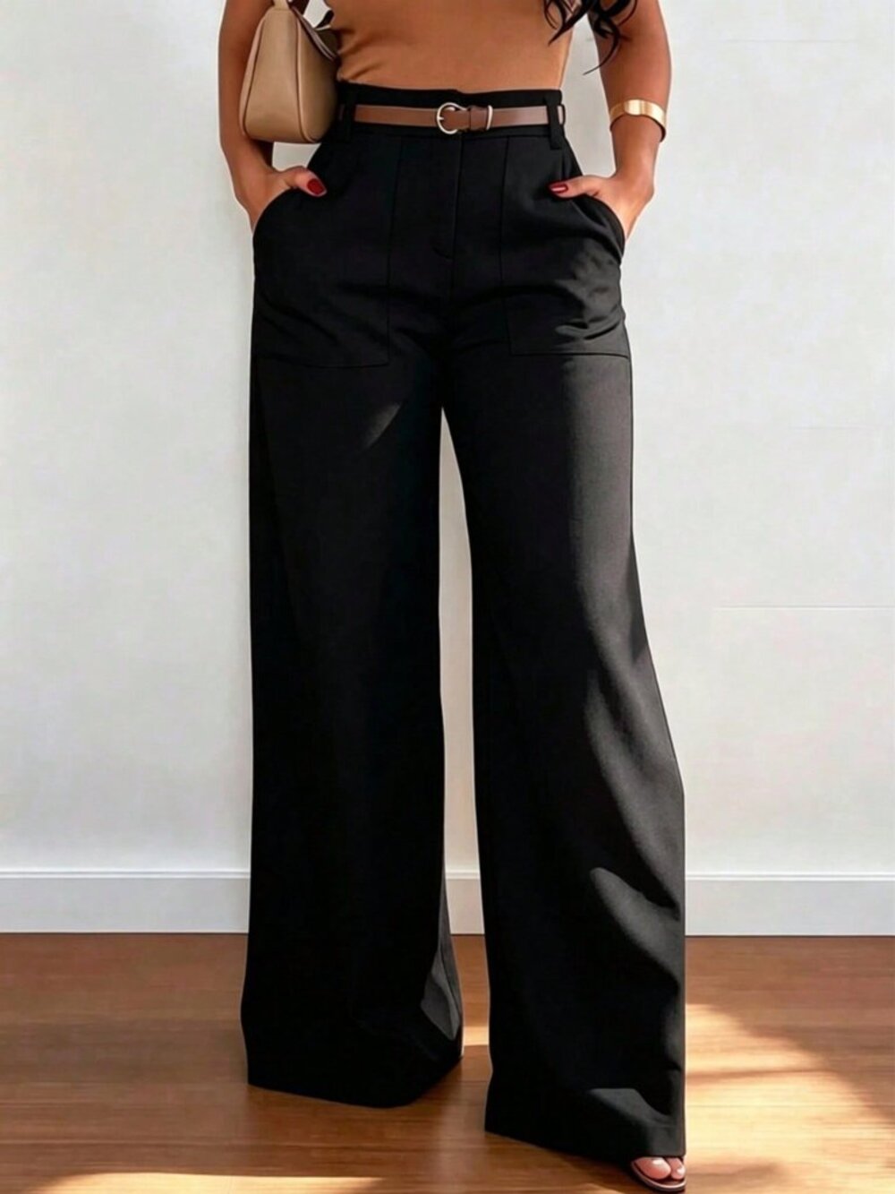 Black Elegant Women's High-Waist Straight Leg Pants With Pockets - Picture 2 of 4